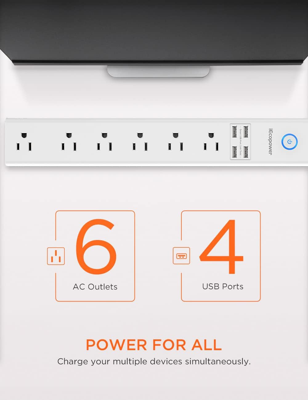 Premium 10ft Power Strip Surge Protector with 6 AC Outlets and 4 Smart USB Ports – Ideal for Home, Office and Dorm Use, 2100 Joules, ETL Listed in Crisp White